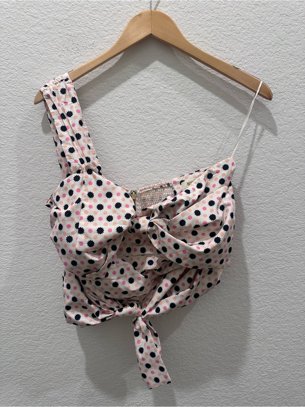 Maeve by Anthropologie One Shoulder Tie Front Crop Top Pink & Navy Print Size 12